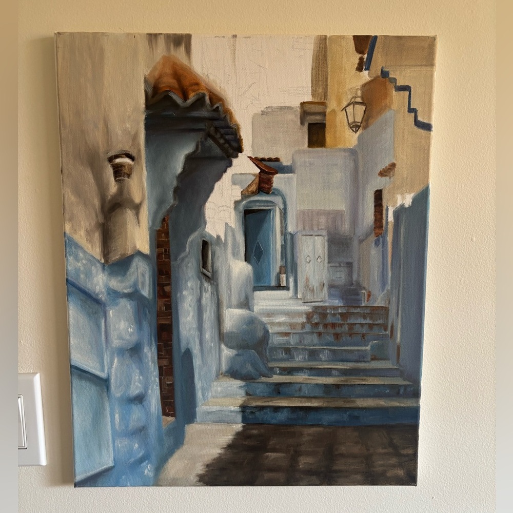 Charming Blue and White Street Scene Canvas Art